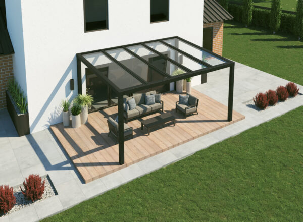 Freistehende Terrassenüberdachung Alu mit Glas in anthrazit 4x4,5m