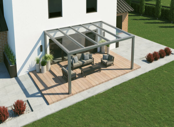 Freistehende Terrassenüberdachung Alu mit Glas in silber 3x4m