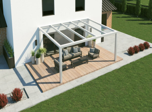 Freistehende Terrassenüberdachung Alu mit Glas in weiss 4x4,5m