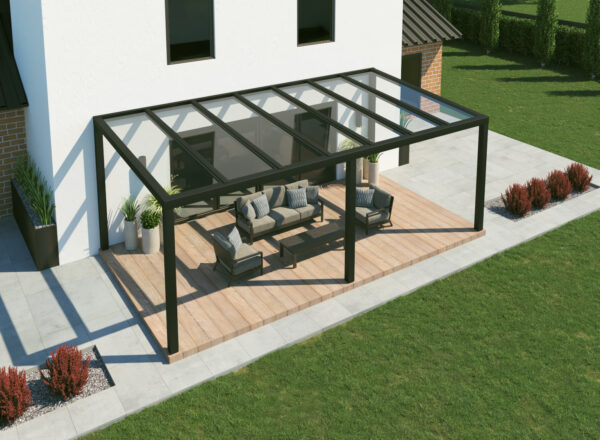 Freistehende Terrassenüberdachung Alu mit Glas in anthrazit 5x3,5m