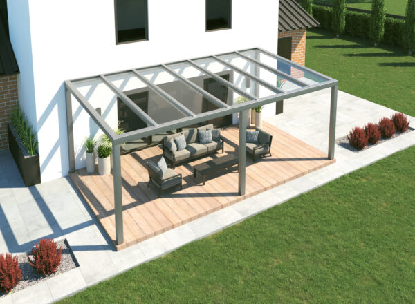 Freistehende Terrassenüberdachung Alu mit Glas in silber 5x4m
