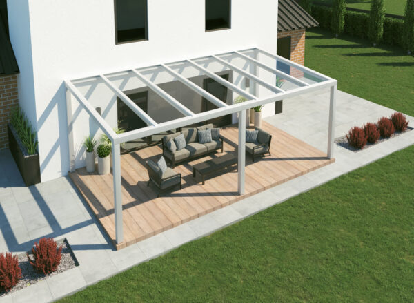 Freistehende Terrassenüberdachung Alu mit Glas in weiss 7x4m